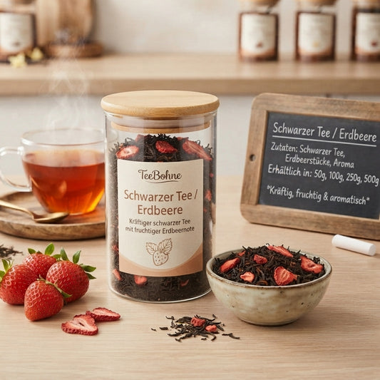 Schwarztee Erdbeere/Sahne mit fruchtiger Erdbeernote, cremigem Sahnearoma, Erdbeerstücken & Erdbeerblättern. TeeBohne 