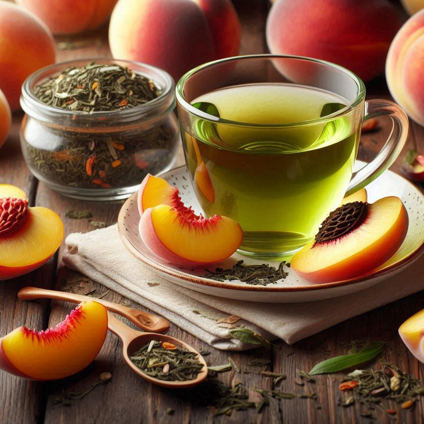 Tasse Grüner Tee mit grüner tee Sencha und Pfirsichstücken auf Holztisch, umgeben von frischen Pfirsichen
