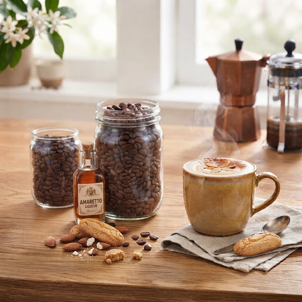 Dampfende Tasse Amaretto-Kaffee mit Keksen, Amaretto-Flasche und Kaffeebohnen auf Holztisch