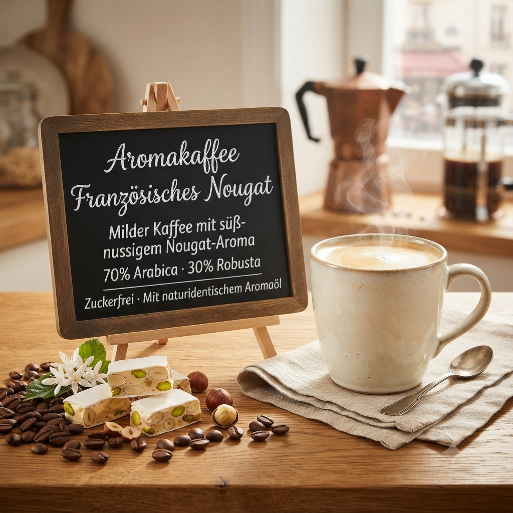 Aromakaffee Französisches Nougat und dampfende Tasse Kaffee mit Nougatstücken auf Holztisch.