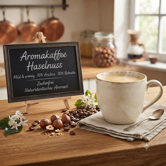 Kreidetafel mit Text für "Aromakaffee Haselnuss" und dampfende Tasse Kaffee mit Haselnüssen auf Holztisch.