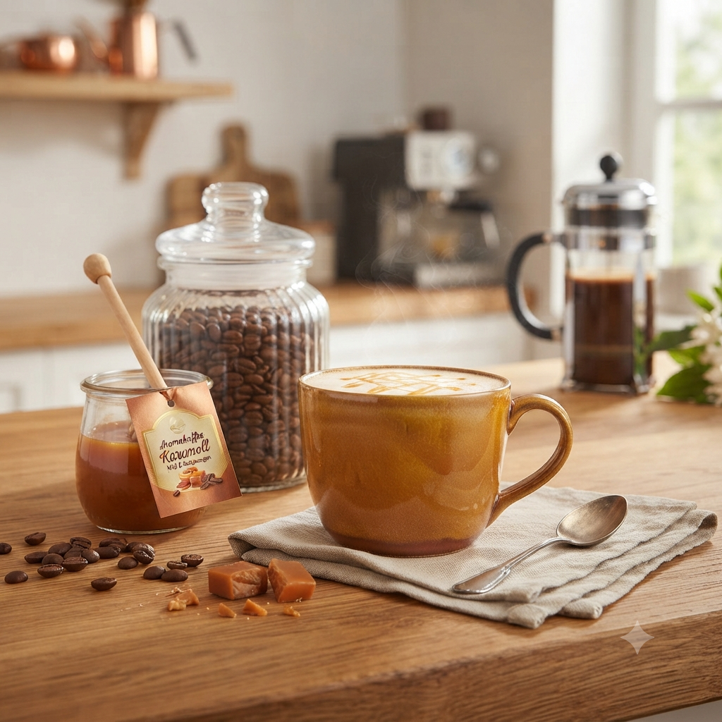 Tasse aromatisierten Karamell-Kaffees auf einer Leinen serviette auf einem Holztisch zeigt. Daneben liegen Karamellstückchen und Kaffeebohnen, im Hintergrund stehen ein Glas mit Kaffeebohnen, ein kleiner Topf mit Karamell und eine French Press.