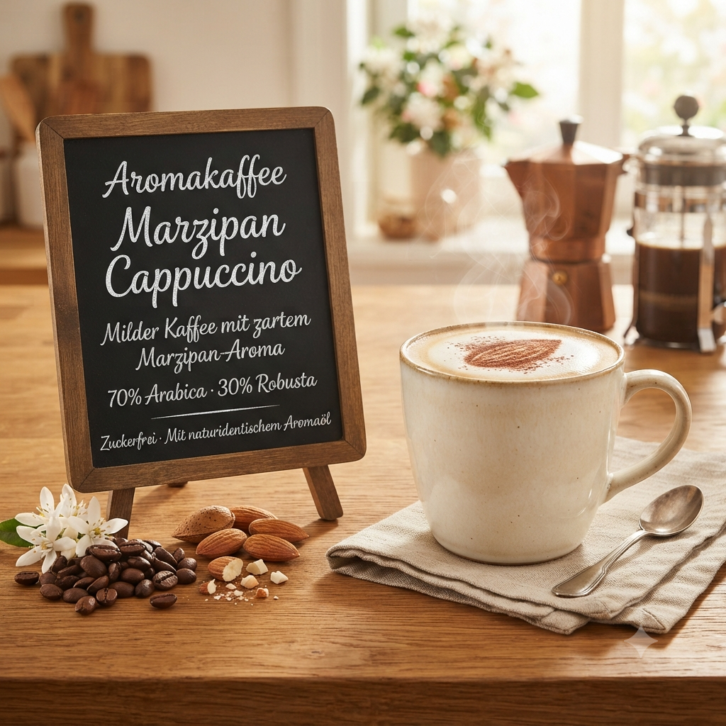 Kreidetafel mit Text für "Aromakaffee Marzipan Cappuccino" und dampfende Tasse Kaffee mit Mandeln auf Holztisch.
