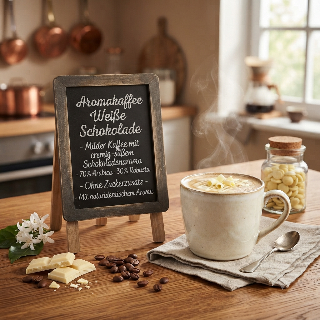 Kreidetafel mit Text für "Aromakaffee Weiße Schokolade" und dampfende Tasse White Chocolate Mocha auf Holztisch.