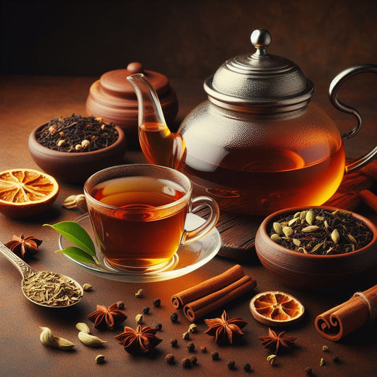 Chai Tee Kerala: eine für Südindien typische Tee- Gewürzmischung Zutaten: Schwarzer Tee, Zimtstücke, Kardamom, Nelken, schwarzer Pfeffer, Ingwer, grüner Pfeffer und Orangenschale Teekanne, Teeglas brauner Hintergrund
