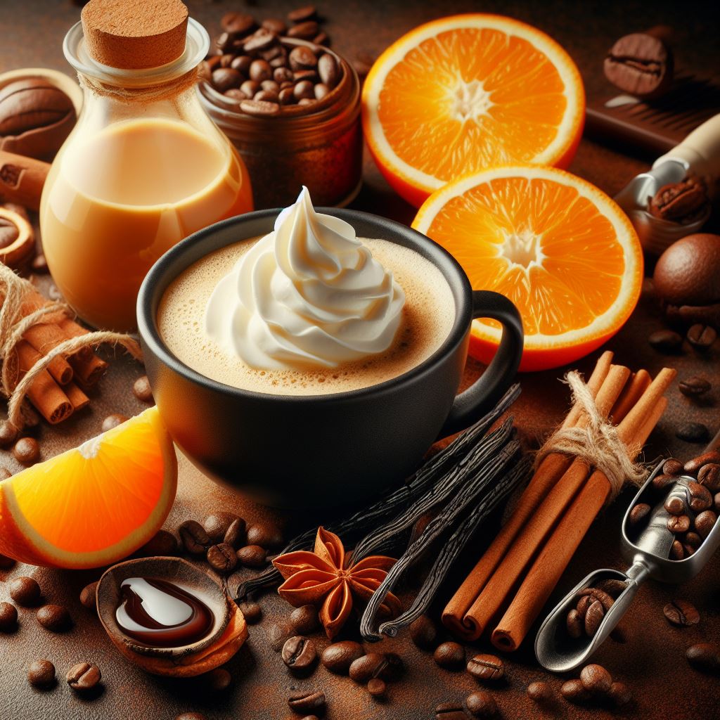 aroma Kaffee orange vanillestange brauner Hintergrund Tasse Sahne