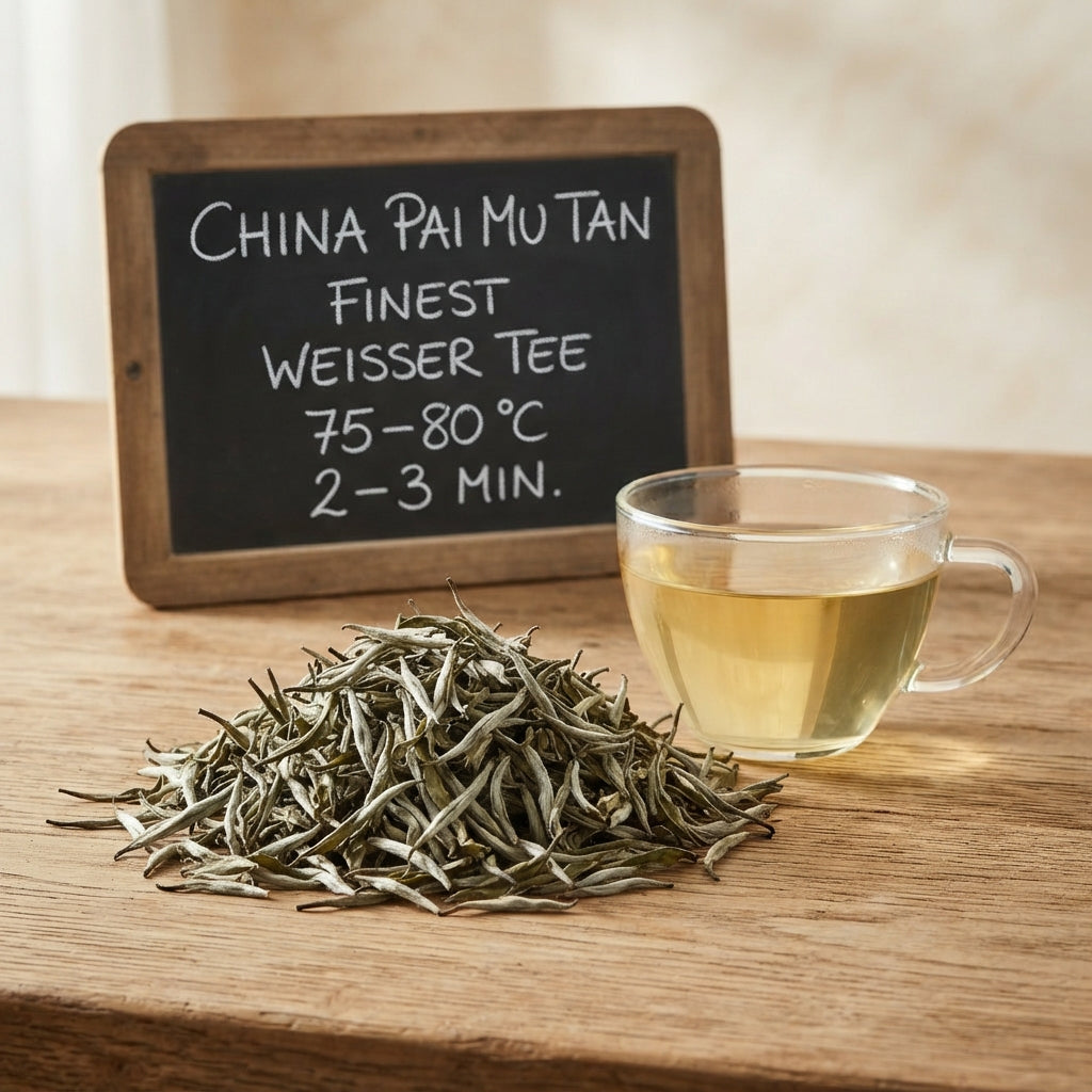 China Pai Mu Tan finest Weißer Tee aus Fujian mit feinen silbrig-weißen Teespitzen