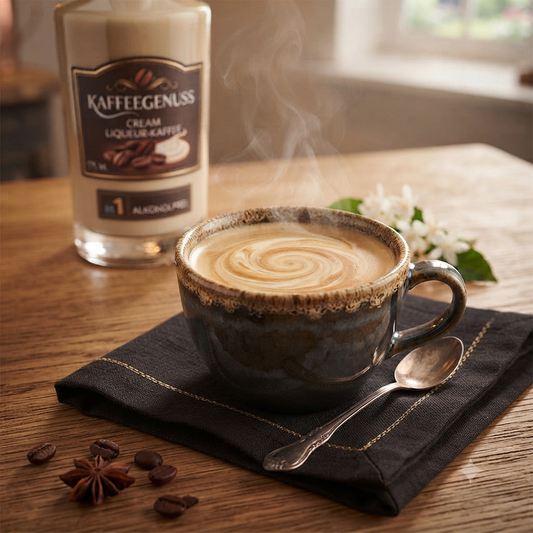 Tasse aromatisierten Kaffee mit Sahnelikör-Geschmack auf einem rustikalen Holztisch zeigt. Im Hintergrund steht leicht versetzt eine Glasflasche mit dem Etikett "Kaffeegenuss - Cream Liqueur-Kaffee" (alkoholfrei), umgeben von Kaffeebohnen und einer Stoffserviete