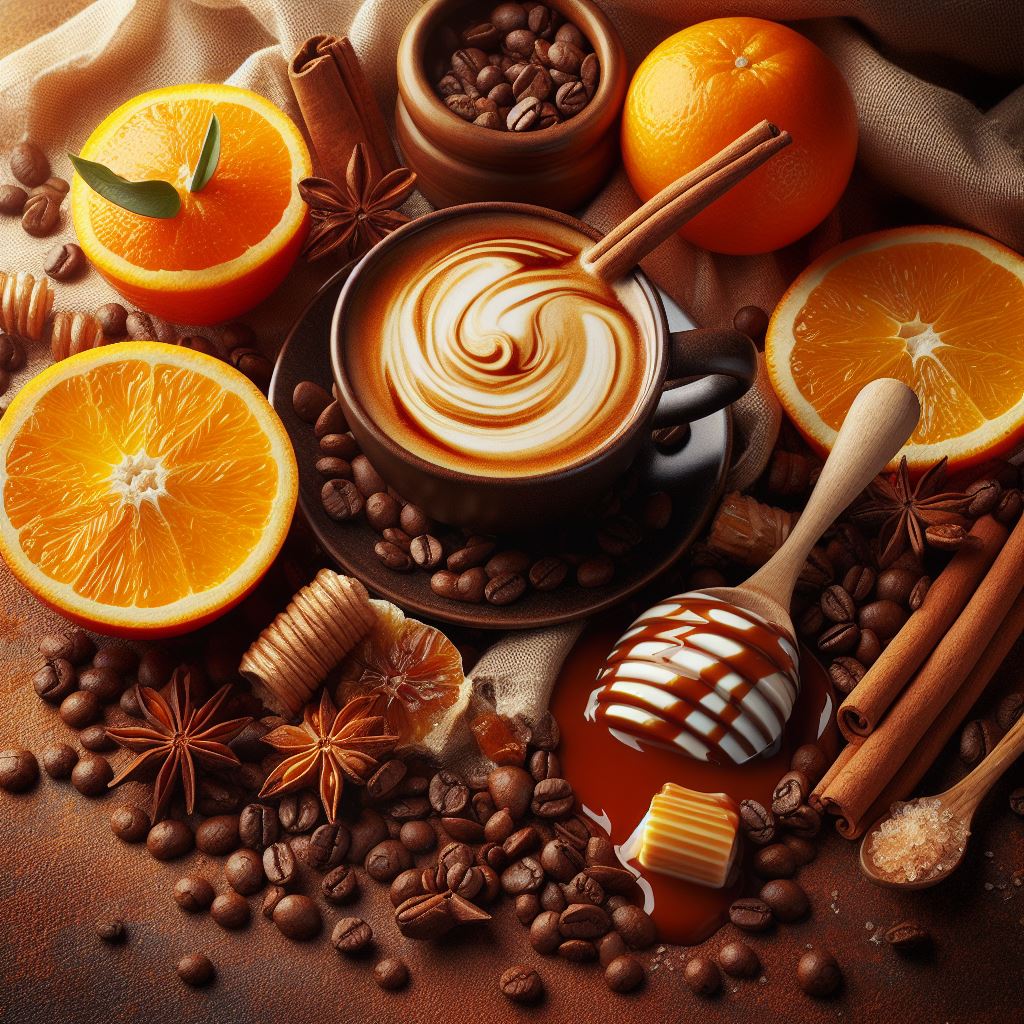 aroma Kaffee orange Karamell brauner Hintergrund Tasse Sahne