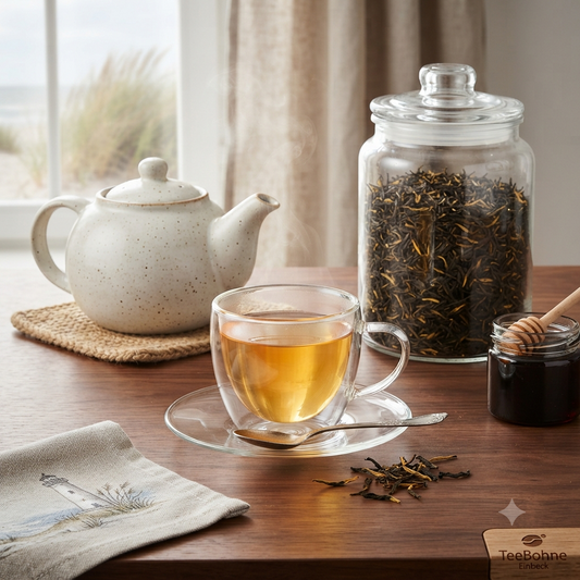 Darjeeling FTGFOP Margaret's Hope Second Flush Tee mit goldenen Tips, einer doppelwandigen Glastasse mit klarer goldener Teetasse, einer rustikalen Teekanne und passenden Teeblättern auf Holz