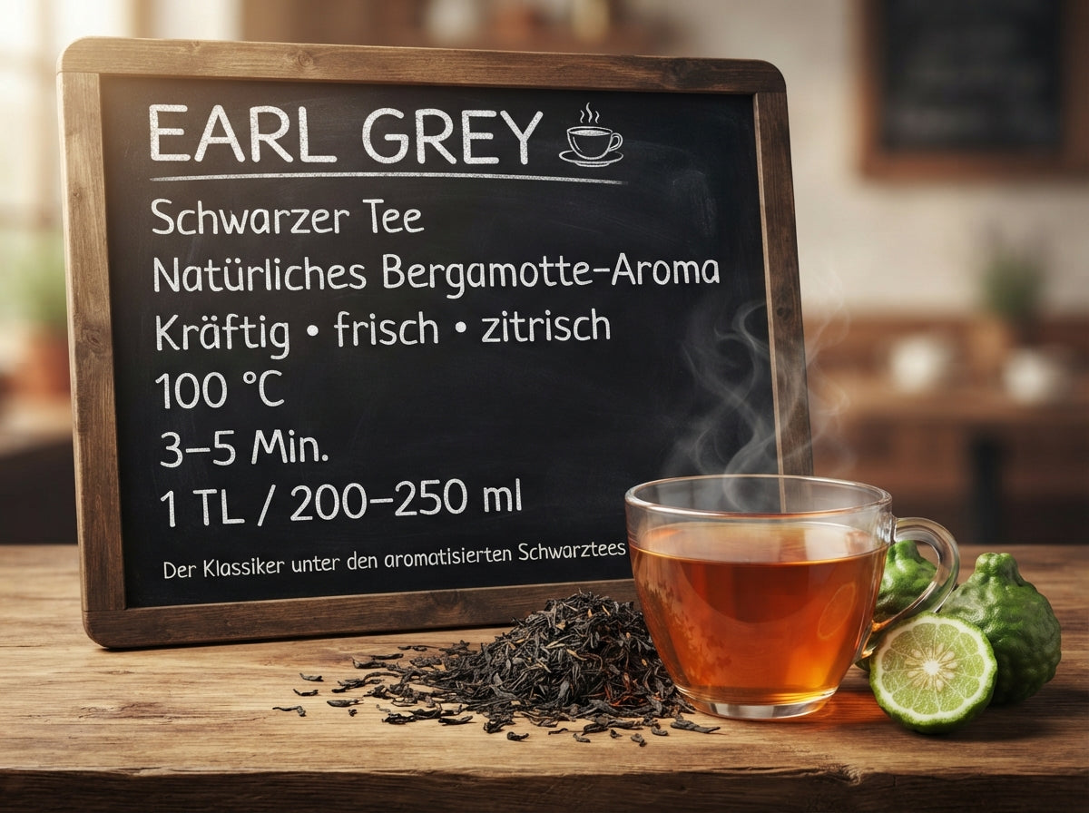 Aromatischer Earl Grey Schwarztee mit natürlichem Bergamotte-Aroma – klassisch, frisch und vielseitig zu genießen.