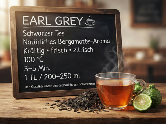 Aromatischer Earl Grey Schwarztee mit natürlichem Bergamotte-Aroma – klassisch, frisch und vielseitig zu genießen.