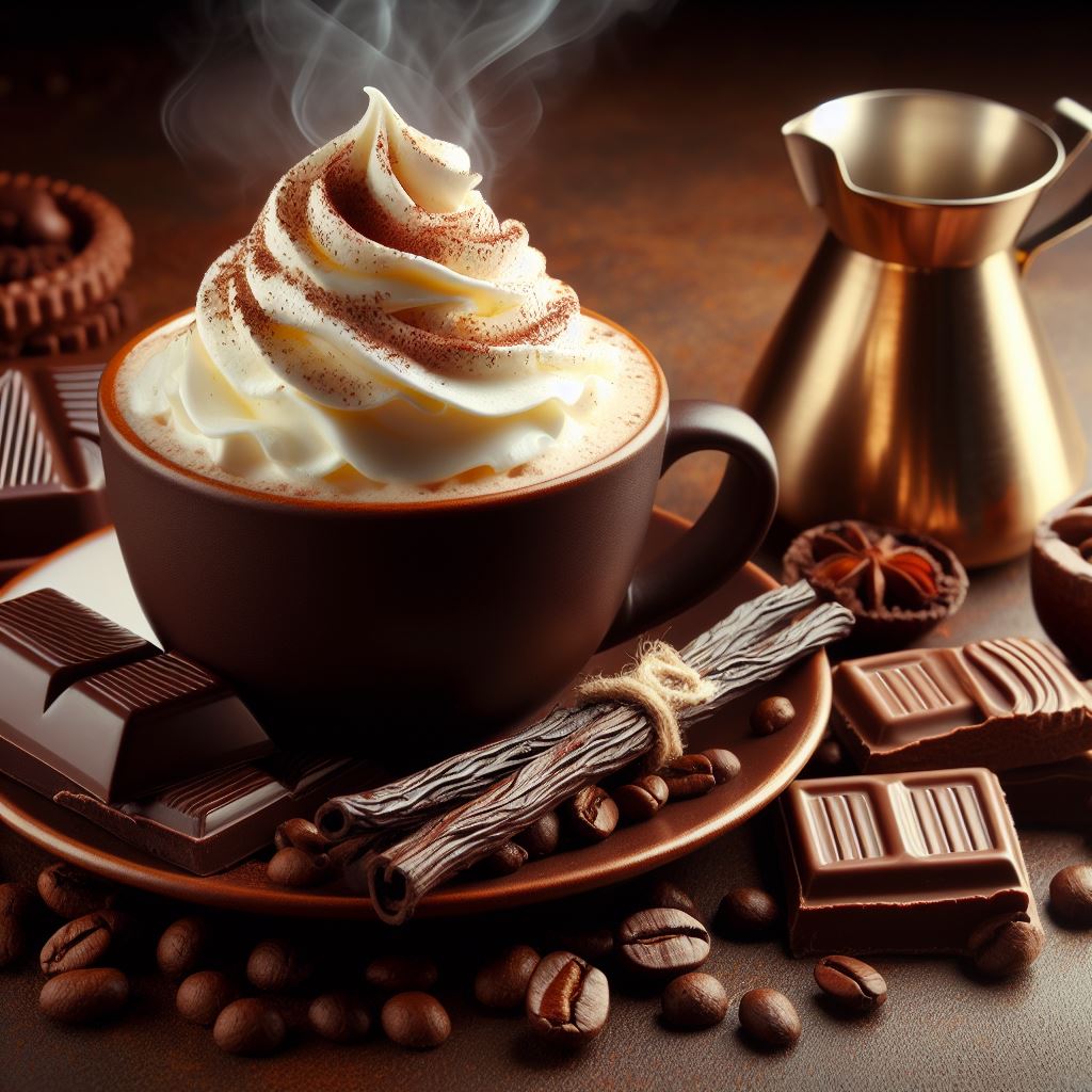 aroma Kaffee Schokolade Vanille brauner Hintergrund Tasse Sahne