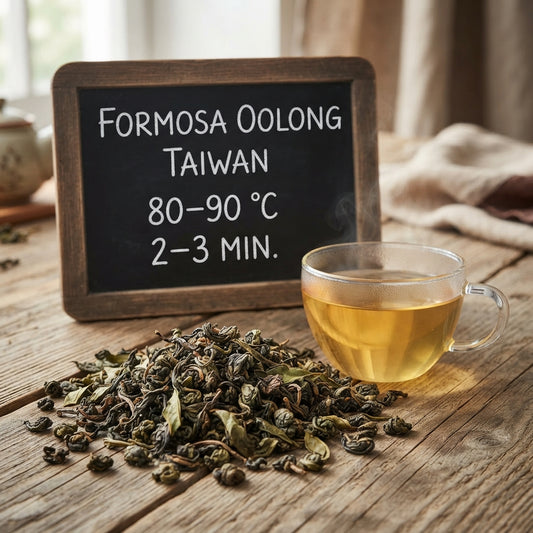 Formosa Oolong Tee aus Taiwan mit charakteristischen Oolong-Teeblättern