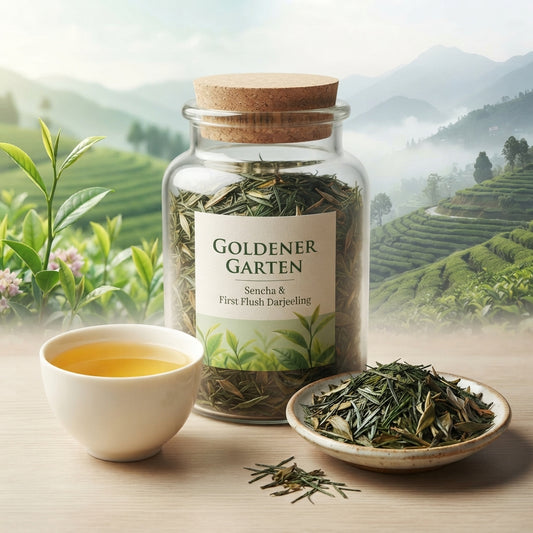 Teemischung ‚Goldener Garten‘ von TeeBohne: Sencha und First Flush Darjeeling in einer Glasdose mit Korkdeckel, präsentiert mit Teeschale und losen Blättern vor einer harmonischen Teelandschaft