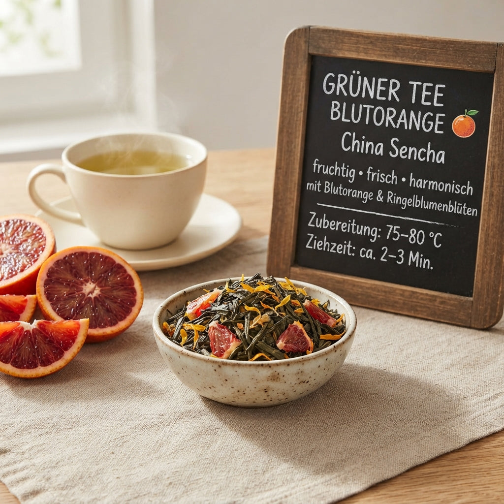Grüner Tee Blutorange mit China Sencha, Blutorange, Ringelblumenblüten und Kreidetafel mit Informationen zur Zubereitung