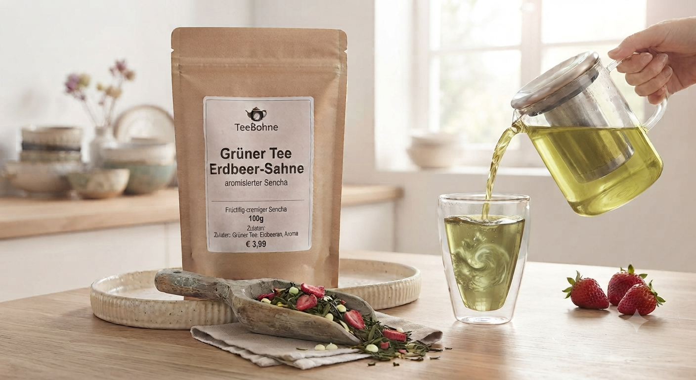 Frisch aufgebrühter, hellgrüner Sencha-Tee mit Erdbeeren neben einer Teetüte Grüner Tee Erdbeer-Sahne von TeeBohne Einbeck.