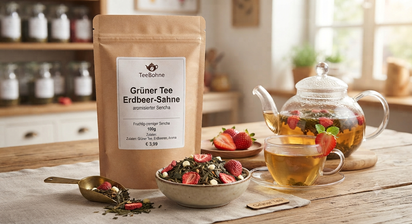 Grüner Tee Erdbeer-Sahne als aromatisierter Sencha in einer Teetüte von TeeBohne Einbeck, inklusive frischer Erdbeeren und zubereitetem Tee