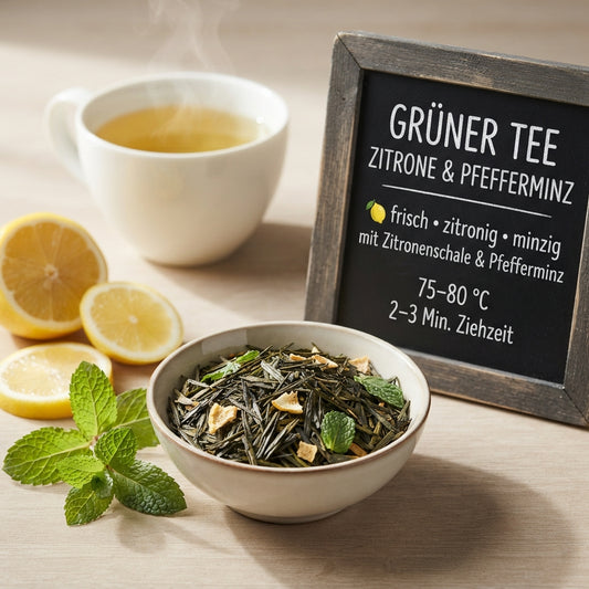 Grüner Tee Zitrone Pfefferminz mit Sencha, Zitronenschale und Pfefferminze neben einer Kreidetafel mit Tee-Informationen und Zubereitungshinweisen