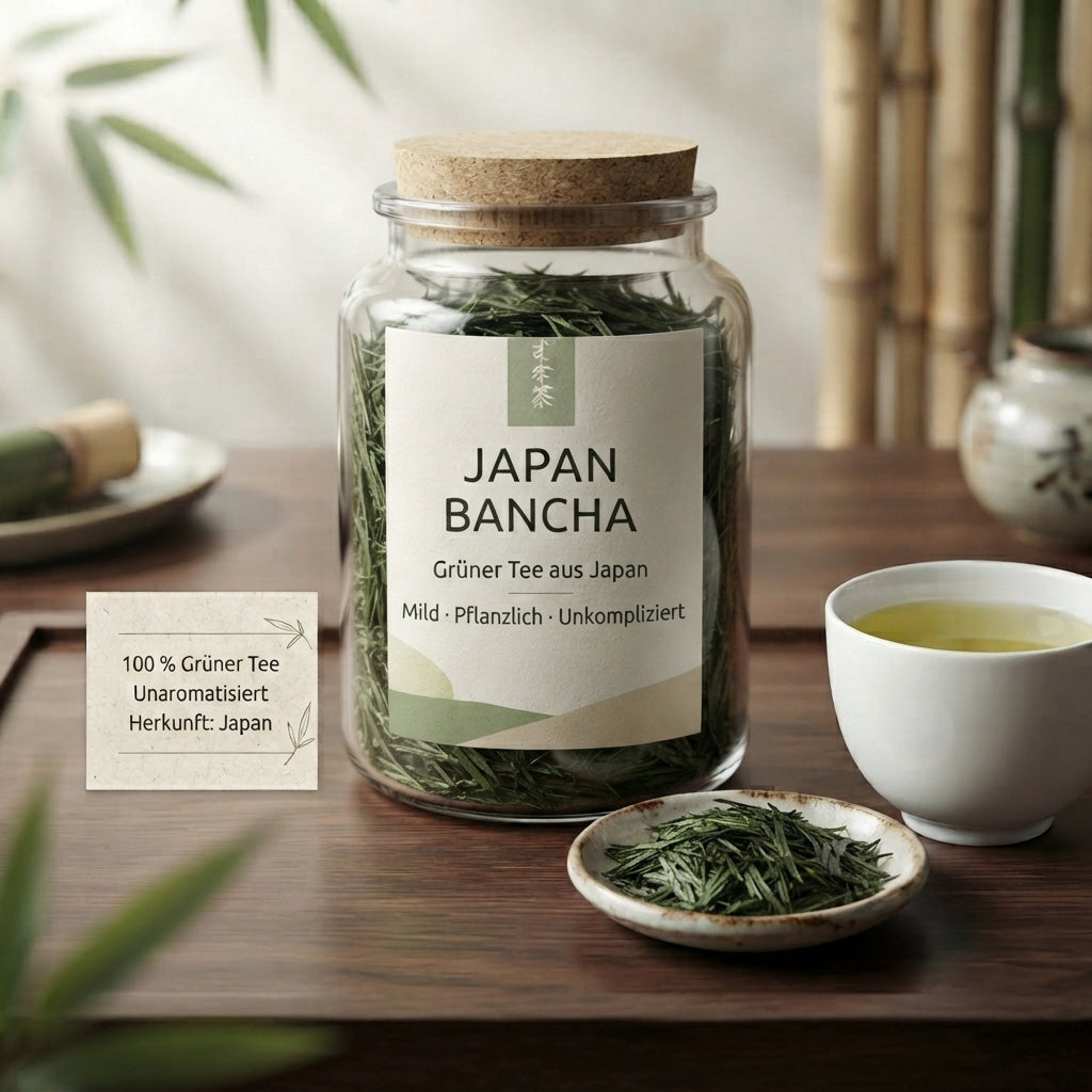 Japan Bancha Grüner Tee in einem Glas mit Korkdeckel, daneben eine Schale mit losen Blättern und eine Tasse Tee. Im Hintergrund japanische Keramik und Bambus.