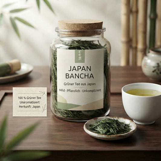 Japan Bancha Grüner Tee in einem Glas mit Korkdeckel, daneben eine Schale mit losen Blättern und eine Tasse Tee. Im Hintergrund japanische Keramik und Bambus.