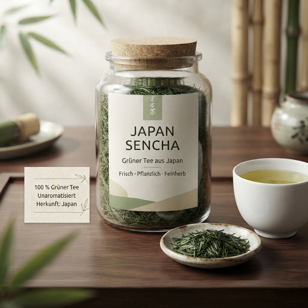 Japan Sencha Grüner Tee in einem Glas mit Korkdeckel, daneben eine Schale mit losen Blättern und eine Tasse Tee. Im Hintergrund Bambus und japanische Keramik.