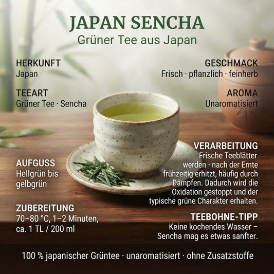 Professionelle Premium-Infografik von TeeBohne zum Thema Japan Sencha. Die Grafik zeigt mittig eine Teeschale mit Sencha-Aufguss sowie lose Teeblätter und informiert über die traditionelle Dämpfung, die Zubereitung bei 70–80 °C sowie das frische, pflanzliche Geschmacksprofil.