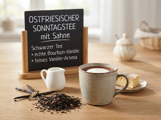 Ostfriesischer Sonntagstee mit Sahne als kräftiger Schwarztee mit echten Bourbon-Vanille-Stücken und Kreidetafel