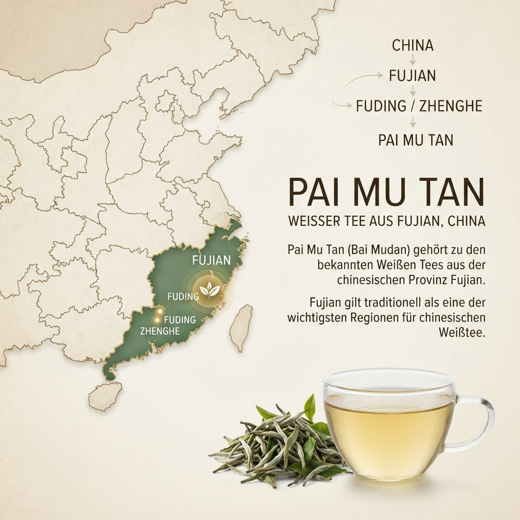 Pai Mu Tan weißer Tee aus Fujian in China – Infografik zu Fuding und Zhenghe als wichtige Weißtee-Regionen