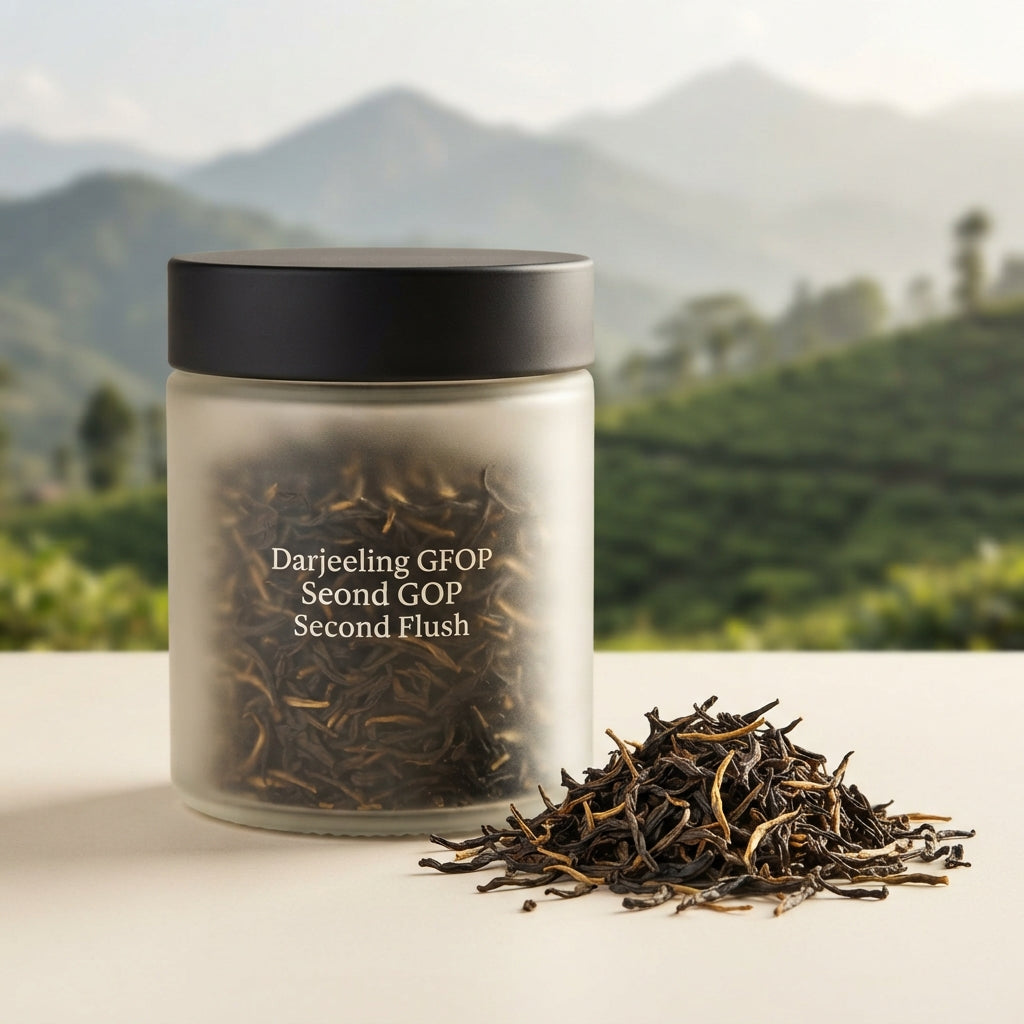 Hochwertiges Produktfoto für TeeBohne: Eine elegante matte Glasdose mit schwarzem Deckel, gefüllt mit losem Darjeeling GFOP Second Flush. Daneben liegt ein kleiner Haufen der trockenen, dunklen Schwarzteeblätter mit deutlich sichtbaren feinen goldenen Blattspitzen. Der Hintergrund zeigt eine dezente, atmosphärische Landschaft der Darjeeling-Teehänge vor sanften Bergen bei warmem Tageslicht