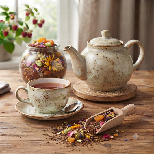 Rustikale Holztischszene mit einer hellen Teekanne, einer gefüllten Tasse Rooibos Tee Aprikose-Sahne, einer Teedose mit getrockneten Aprikosenstücken und bunten Blüten sowie einer Holzschaufel mit losen Teeblättern
