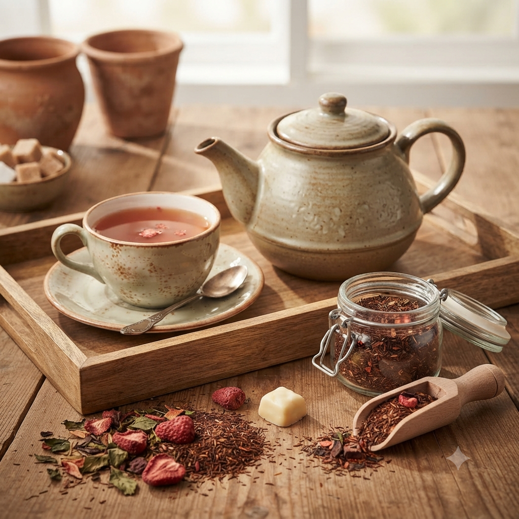 Frisch aufgebrühter Rooibos Tee Erdbeer-Sahne in einer Tasse mit Teekanne, echten Erdbeerstücken und Teeblättern auf einem Holztisch
