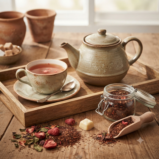 Frisch aufgebrühter Rooibos Tee Erdbeer-Sahne in einer Tasse mit Teekanne, echten Erdbeerstücken und Teeblättern auf einem Holztisch
