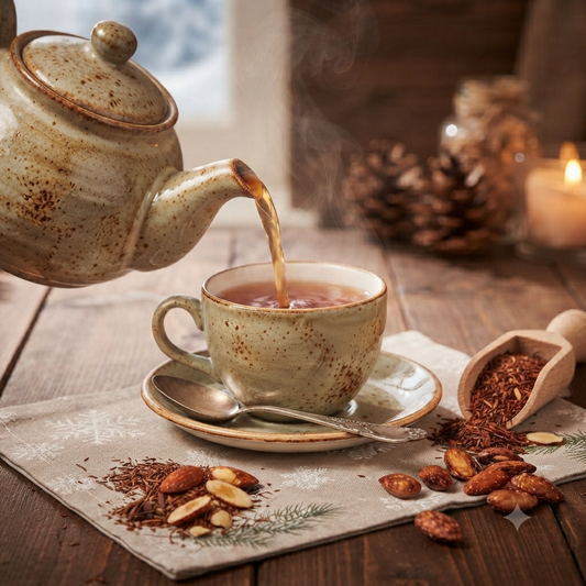 Rustikale Keramik-Teekanne gießt heißen Rooibos-Tee mit gebrannten Mandeln in eine passende Tasse auf einem Holztisch, umgeben von Mandeln, Zimtstangen und weihnachtlicher Deko