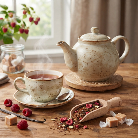 Rustikaler Keramik-Teetee-Set mit Tasse und Kanne, gefüllt mit heißem Himbeer-Vanille-Rooibos-Tee, auf einem Holztisch, umgeben von losen Teeblättern, frischen Himbeeren, Vanillestangen und Karamellstücken