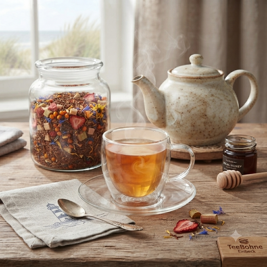 Gemütliche Küstentischszene mit einer großen Glasdose voller Rooibos Tee Inselkuss mit Sanddorn und Erdbeeren, einer doppelwandigen Glastasse mit warmem Tee, einer rustikalen Teekanne und passenden Zutaten auf Holz