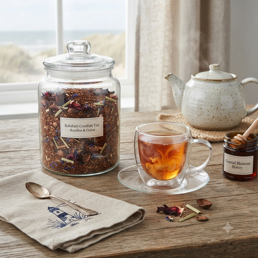 Rooibos Tee Kalahari mit Kakaoschalen, Hibiskus, Zitronengras und Kornblumenblüten, einer doppelwandigen Glastasse mit cremigem Tee, einer rustikalen Teekanne und passenden Zutaten auf Holz