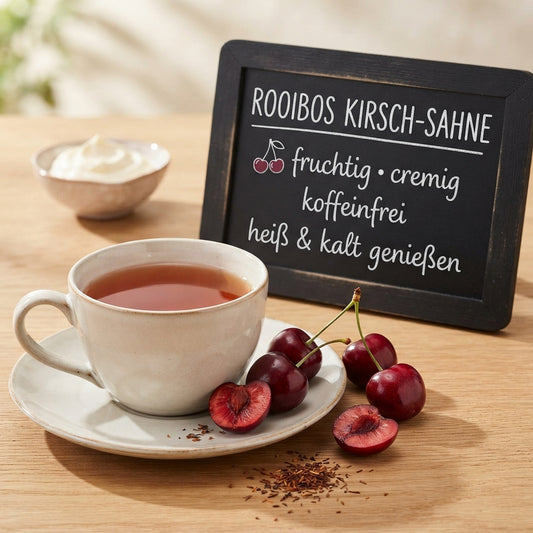 Rooibos Tee Kirsch-Sahne mit frischen Kirschen und Kreidetafel mit Produktinformationen