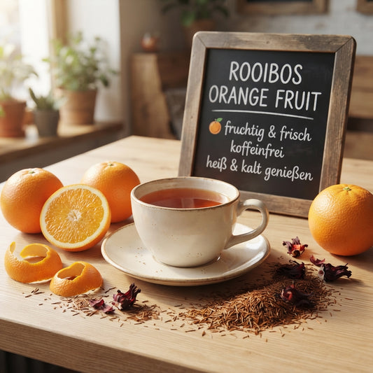 Rooibos Tee Orange fruit mit frischer Orange und Kreidetafel mit Produktinformationen