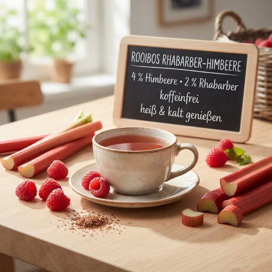 Rooibos Tee Rhabarber Himbeere mit Himbeeren, Rhabarber und Kreidetafel mit Produktinformationen