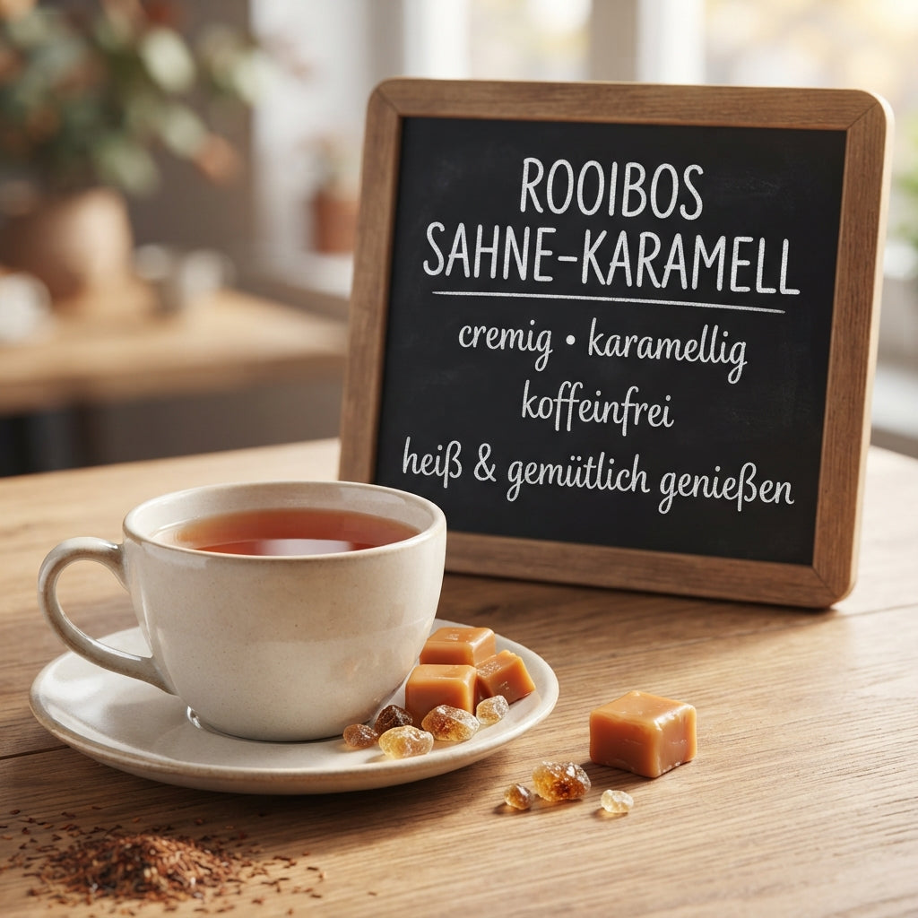 Rooibos Tee Sahne-Karamell mit Karamellstücken und Kreidetafel mit Produktinformationen