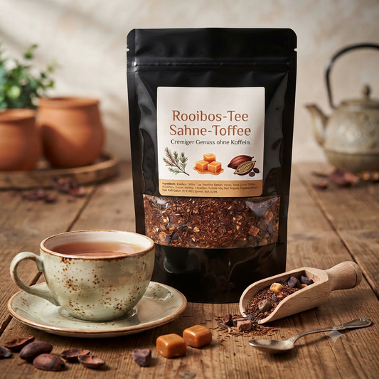 Schwarze glänzende Teetüte mit Rooibos-Tee Sahne-Toffee neben einer Teetasse, Karamellstückchen und Teeblättern auf Holz
