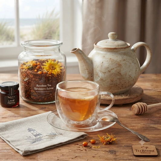 Gemütliche Küstentischszene mit einer großen Glasdose voller Rooibos Tee Sanddorn-Sahne mit leuchtenden Ringelblumenblüten, einer doppelwandigen Glastasse mit cremigem Tee, einer rustikalen Teekanne und Sanddornbeeren auf Holz