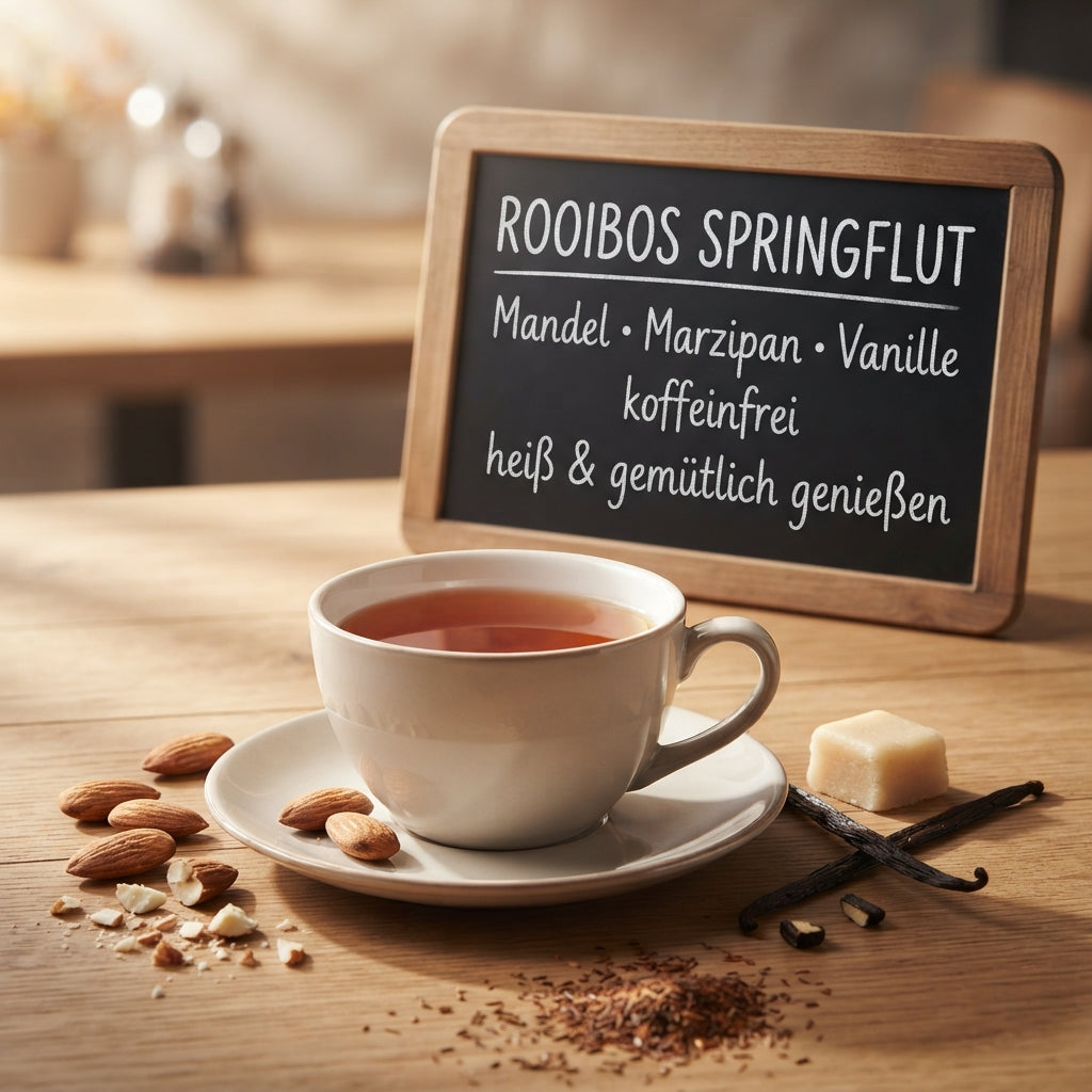 Rooibos Tee Springflut mit Mandeln, Vanille und Marzipan neben einer Kreidetafel mit Produktinformationen
