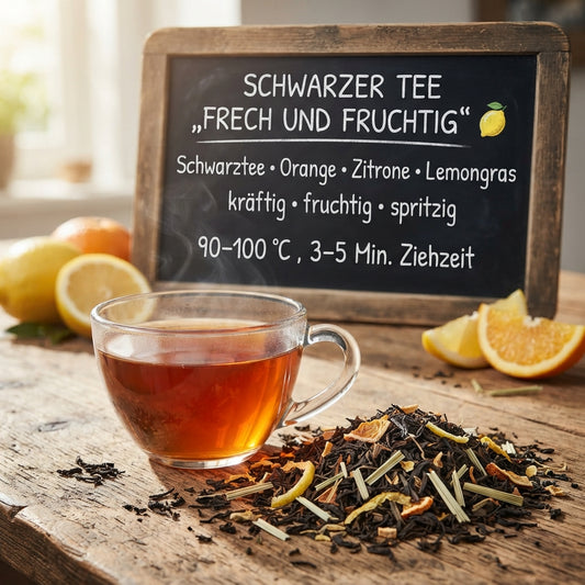 Schwarzer Tee Frech und Fruchtig mit Orange, Zitrone und Lemongras