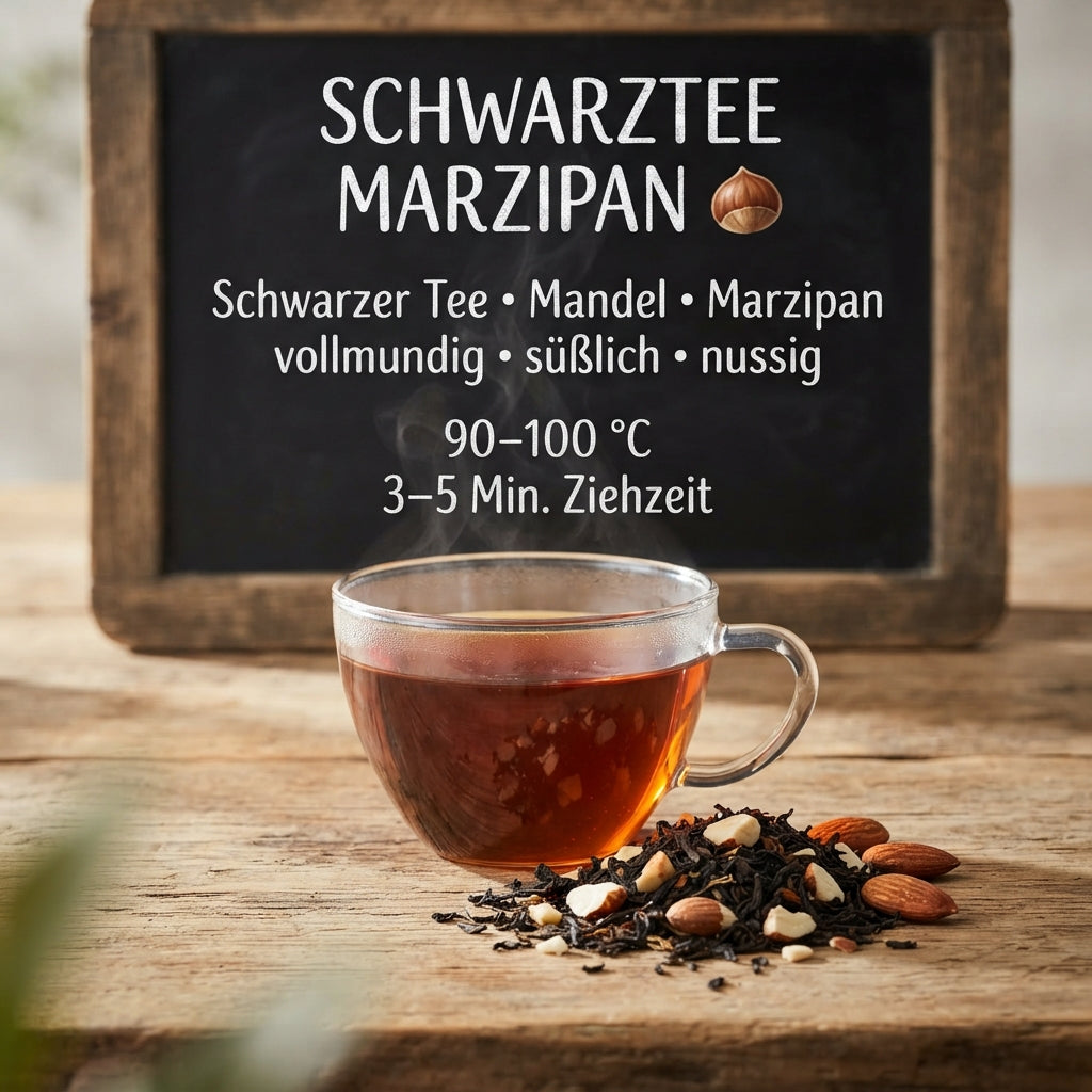 Schwarztee Marzipan mit schwarzen Teeblättern und feinen Mandelstücken