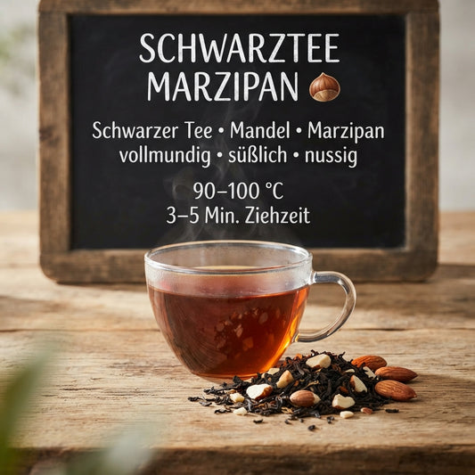 Schwarztee Marzipan mit schwarzen Teeblättern und feinen Mandelstücken
