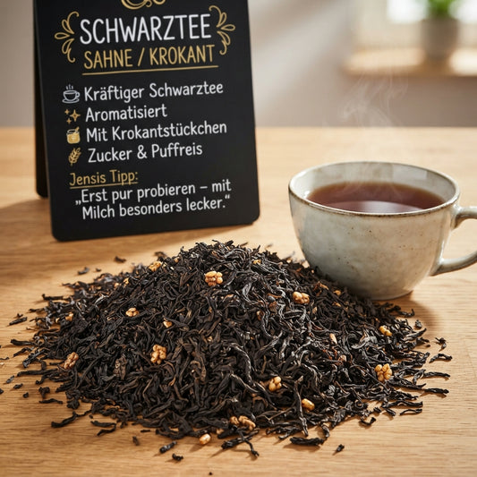 Schwarztee Sahne/Krokant mit Krokantstückchen aus Zucker und Puffreis