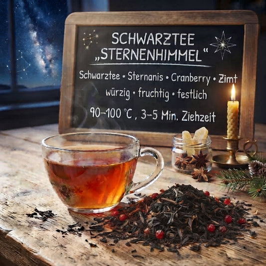 Schwarztee Sternenhimmel mit losem Schwarztee, Teeglas, Karamell, Orange und Zimt zur Adventszeit