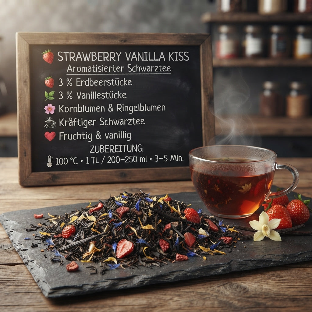 Schwarztee Strawberry Vanilla Kiss mit Erdbeerstücken, Vanillestücken und Blüten